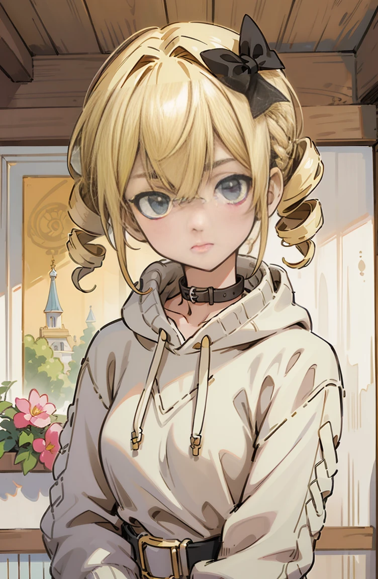 (masterpiece, best quality, ultra-detailed, illustration), beautiful face, blonde hair, perfect body, 1girl in, solo, hoodies in sweater, hair ribbon, drill hair, twin drills, camisoles and dress, straps, village, old houses, outdoors, folk, legends, collar, handcuffs