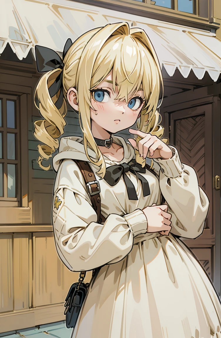 (masterpiece, best quality, ultra-detailed, illustration), beautiful face, blonde hair, perfect body, 1girl in, solo, hoodies in sweater, hair ribbon, drill hair, twin drills, camisoles and dress, straps, village, old houses, outdoors, folk, legends, collar, handcuffs