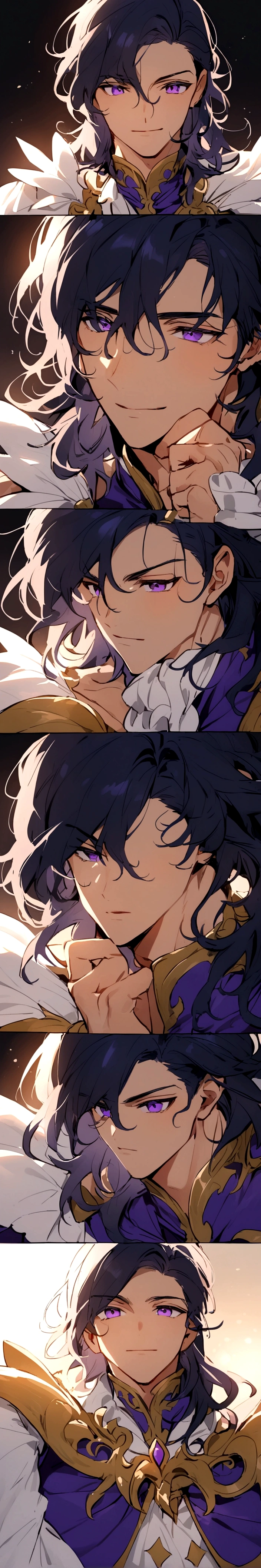 a prince with dark blue hair, medium length hair, purple eyes, toned muscular body, wearing prince's clothes, charming expression,