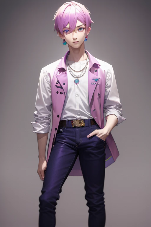 Gumball Handsome 18 year old boy with pale pink hair, pale pink skin, pierced ears, purple eyes, pale purple open jean vest, white shirt with candy print, black belt, red jeans, necklace with blue gem, looking directly at the viewer. a white background.