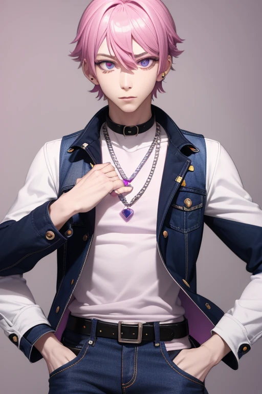 Gumball Handsome 18 year old boy with pale pink hair, pale pink skin, pierced ears, purple eyes, pale purple open jean vest, white shirt with candy print, black belt, red jeans, necklace with blue gem, looking directly at the viewer. a white background.
