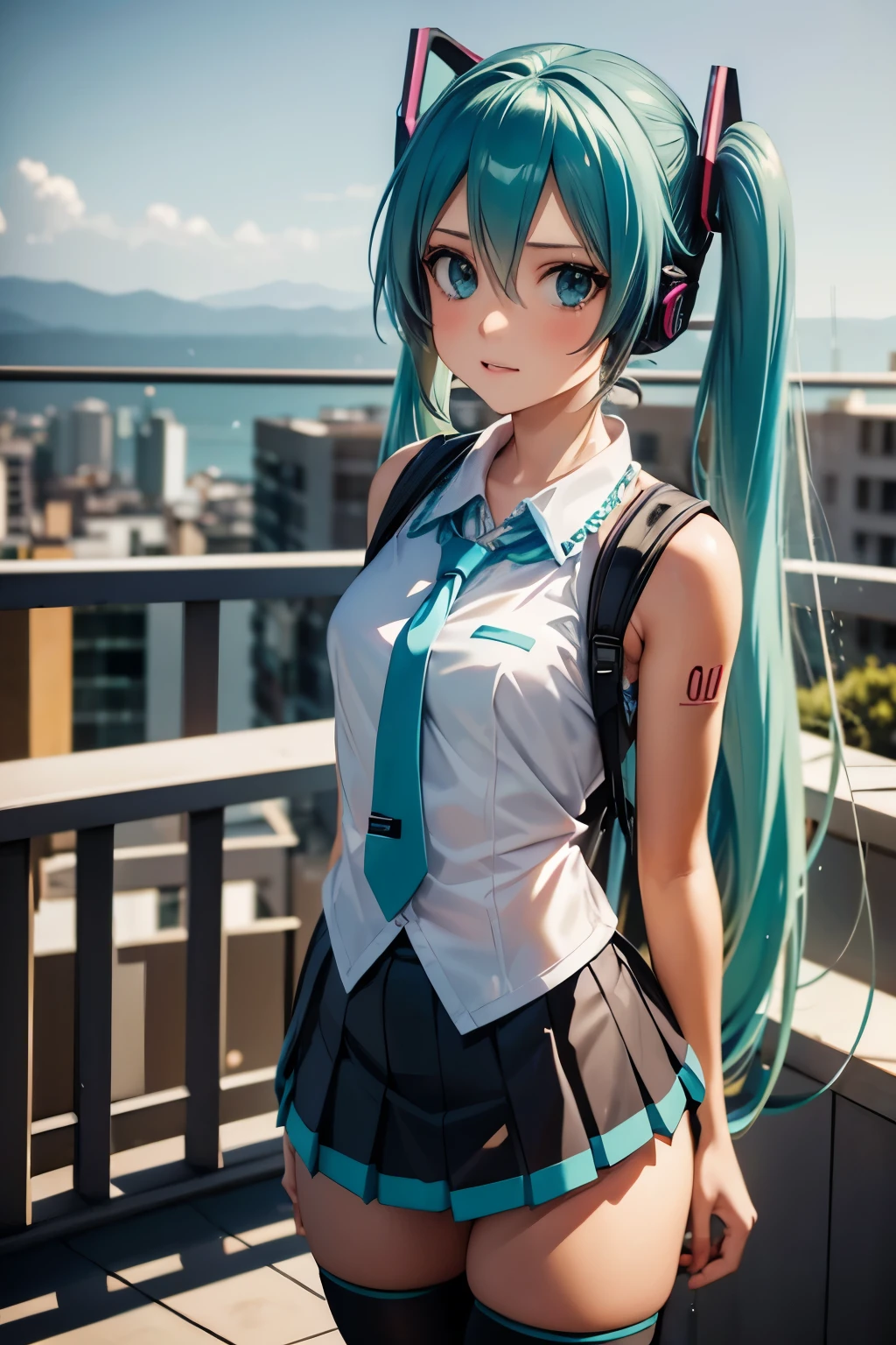 anime girl with long blue hair and a backpack standing in front of a balcony, mikudayo, anime moe artstyle, portrait of hatsune miku, anime girl with teal hair, hatsune miku short hair, anime style 4 k, hatsune miku portrait, hatsune miku, anime art wallpaper 8 k, anime wallpaper 4k, anime wallpaper 4 k, hatsune miku, 1girl, cute anime girl, turquoise blue hair, twin tails, detailed facial features, beautiful detailed eyes, beautiful detailed lips, extremely detailed face, longeyelashes, school uniform, pleated skirt, thigh-high socks, headphones, holding microphone, glowing neon sci-fi background, digital art, 8k, high resolution, photorealistic, cinematic lighting, vibrant colors, intricate details