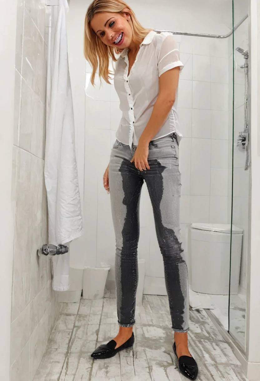 (((side view))), attractive blonde woman wearing skinny jeans, ballet flats, white blouse, standing in a bathroom,  wetting, big smile, pee stains are gleaming wet,  (((side view)))