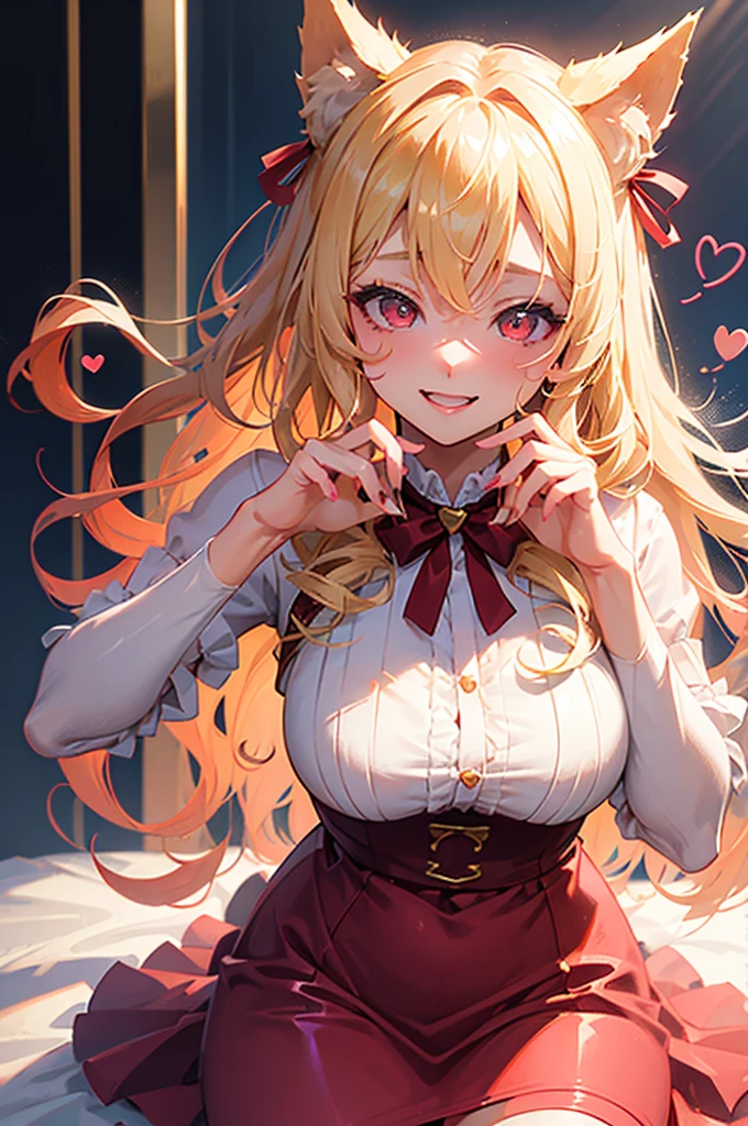 Sexy pretty girl, blonde hair, pastel red eyes,curly hair,dog ear, heart,ribbon,sexy gold dress, fellatio gesture,steam,girl trembling with sexual climaxmore,smile、