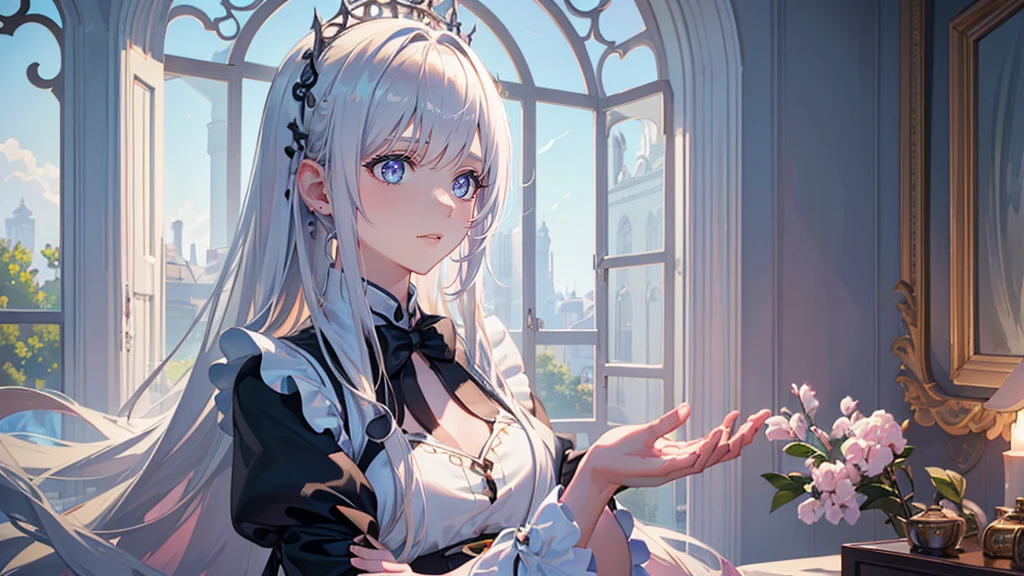 1girl, long_hair, beautiful detailed eyes, beautiful detailed lips, extremely detailed face, longeyelashes, maid, posing, selfie shot, mirror, window, radiant skin, natural lighting, soft colors, dreamy, serene, (best quality,4k,8k,highres,masterpiece:1.2),ultra-detailed,(realistic,photorealistic,photo-realistic:1.37)