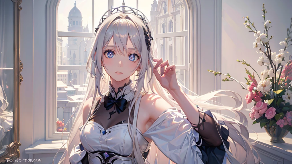 One girl, the most absurd, White medium hair, Pale pink eyes, Center parted hair, Small breasts, White Dress, garden, noon, blue sky, beautiful, Dramatic Light, Strong Shadows, Nice views, Depth of written boundary, Cinema Lighting, ((masterpiece)), Attention to detail, high quality, 最high quality, High resolution, 8k, Canon EOS R5, 50mm,