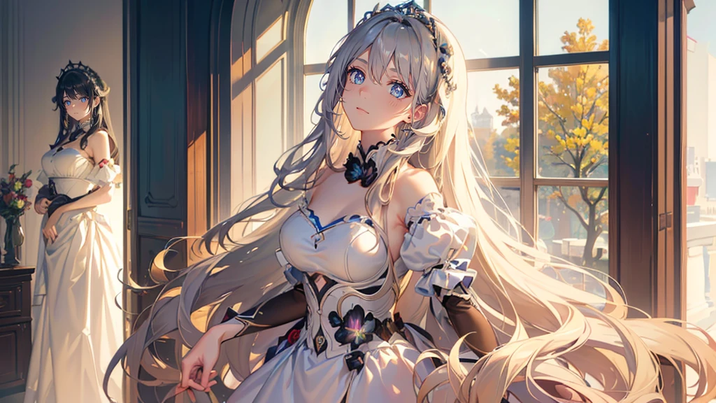 1girl, long_hair, beautiful detailed eyes, beautiful detailed lips, extremely detailed face, longeyelashes, maid, posing, selfie shot, mirror, window, radiant skin, natural lighting, soft colors, dreamy, serene, (best quality,4k,8k,highres,masterpiece:1.2),ultra-detailed,(realistic,photorealistic,photo-realistic:1.37)