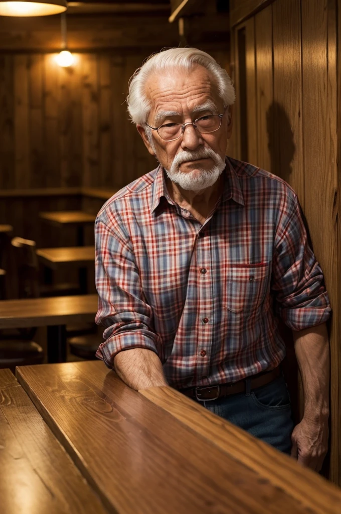 Old man in a corner bar with a plaid shirt 