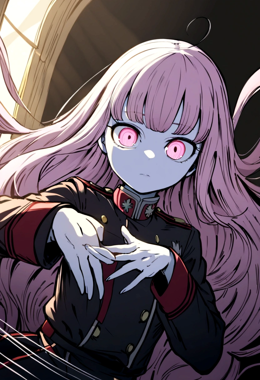 delicate face, animated face, By Kohei Horikoshi, Upper part of the body, Human, girl, two hands, soft pink eyes, very long white and neat hair, pale skin, MHA uniform, high quality, ultra detailed, dynamic poses, front angle, beautiful light and shadow, detailed decoration, detailed lines