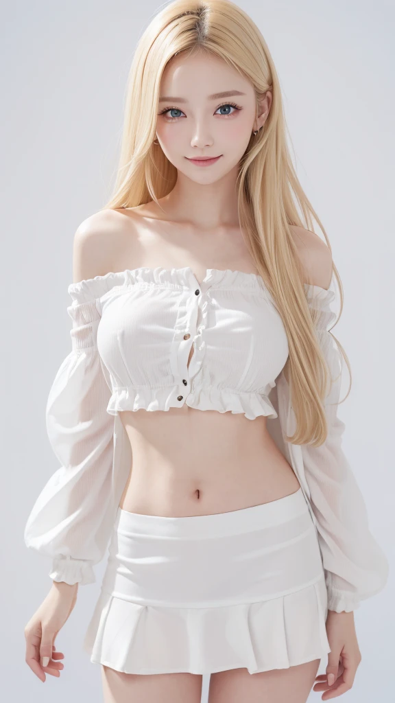 (((Blonde、forehead、Long Hair、White background、Russia、Northern Europe、White people、Well-formed face、Gal)))、Sexy big ,18 year old beautiful girl is sexy and cute & Cute beautiful sexy face, A strong wind blows my hair in front of my face,Beautiful, cute and sexy eyes are hidden。、Ruffled off-shoulder belly button shirt、mini skirt、Turn around and look at me with a smile、