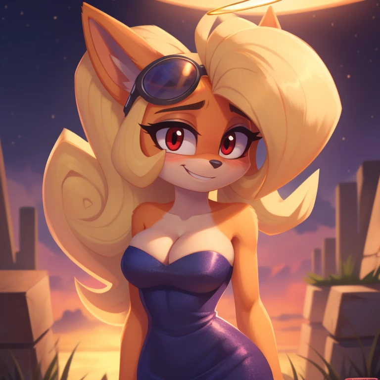 Coco Bandicoot, strapless tight dress, cleavage, blonde hair, curly hair, halo, sunglasses, jewelry, red eyes, longeyelashes, red eyes, smile, shy, blush, high detail, masterpiece, UHD, anatomically correct, super detail, highres, 4K