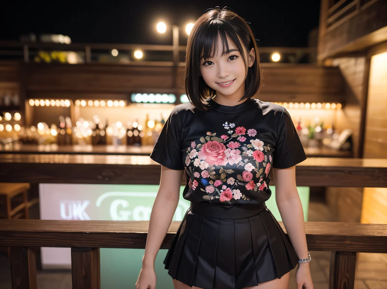 (Highest quality, masterpiece, Ultra-high resolution, 8K, RAW Photos, Realistic, Anatomically correct:1.5), (Stainless steel round bar fence:1.0, Put your elbow on the fence:1.2, high school girl、20-year-old girl:1.2, Embarrassing, avert your eyes, blush:1.0, View Viewer, ((bar)) 、Night view、 Light:1.2, Bokeh, Cinema Lighting:1.0, Depth of written boundary, sharp、 Cute face、Idol、Black short sleeve lace top、Black pleated skirt、Black clothing、”dwarf”、(Floral clothes)、Full Body Shot、Cowboy Shot、(( smile))、(Ultra short hair、Straight Hair)、(Straight bangs)、((One woman))、