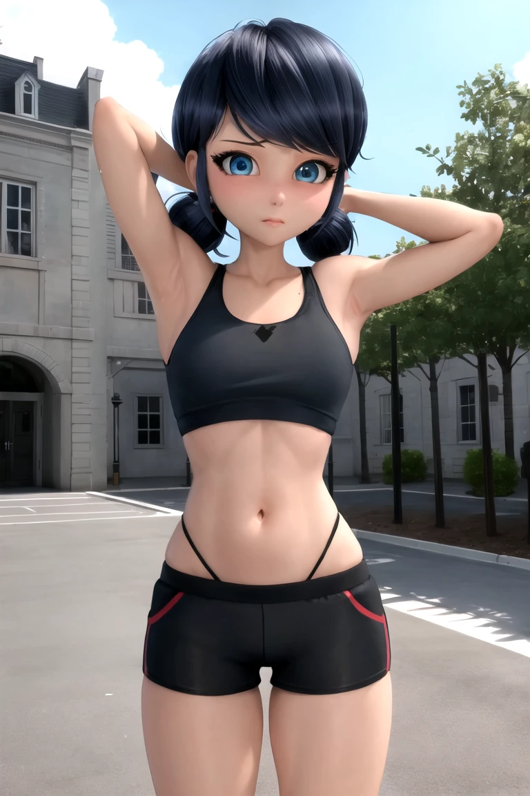 Blue eyes, Black pupil, marinett, Black sports bra, black panties, black sports shorts, arms behind head, blush 