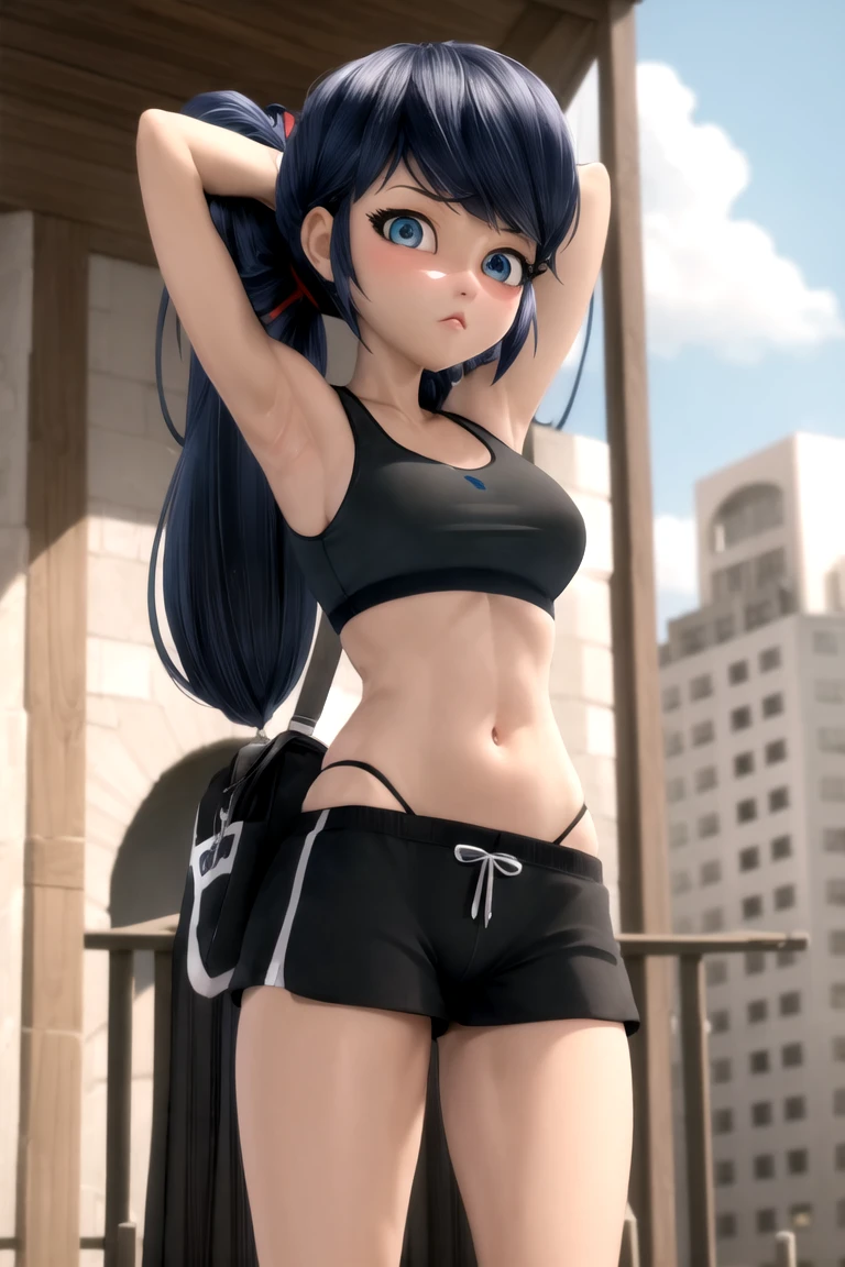 Blue eyes, Black pupil, marinett, Black sports bra, black panties, black sports shorts, arms behind head, blush 