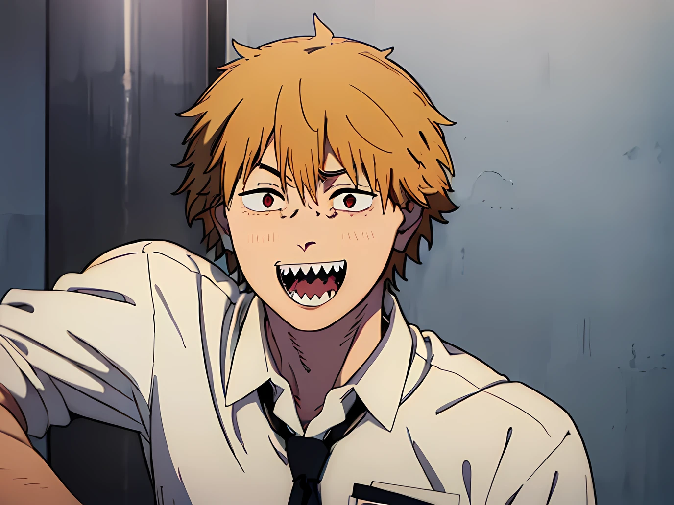 (denji, smile, open mouth, sharp teeth, front view, black necktie, white shirt, collared shirt, sleeves rolled up, short hair, masterpiece, best quality