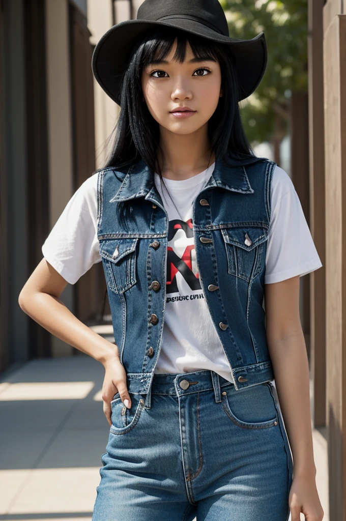 Disney Pixar image of a girl with straight black hair with small dark brown Chinese eyes with a white t-shirt that says Darlin, a denim vest and black pants, a hat that says Netflix, accessories 