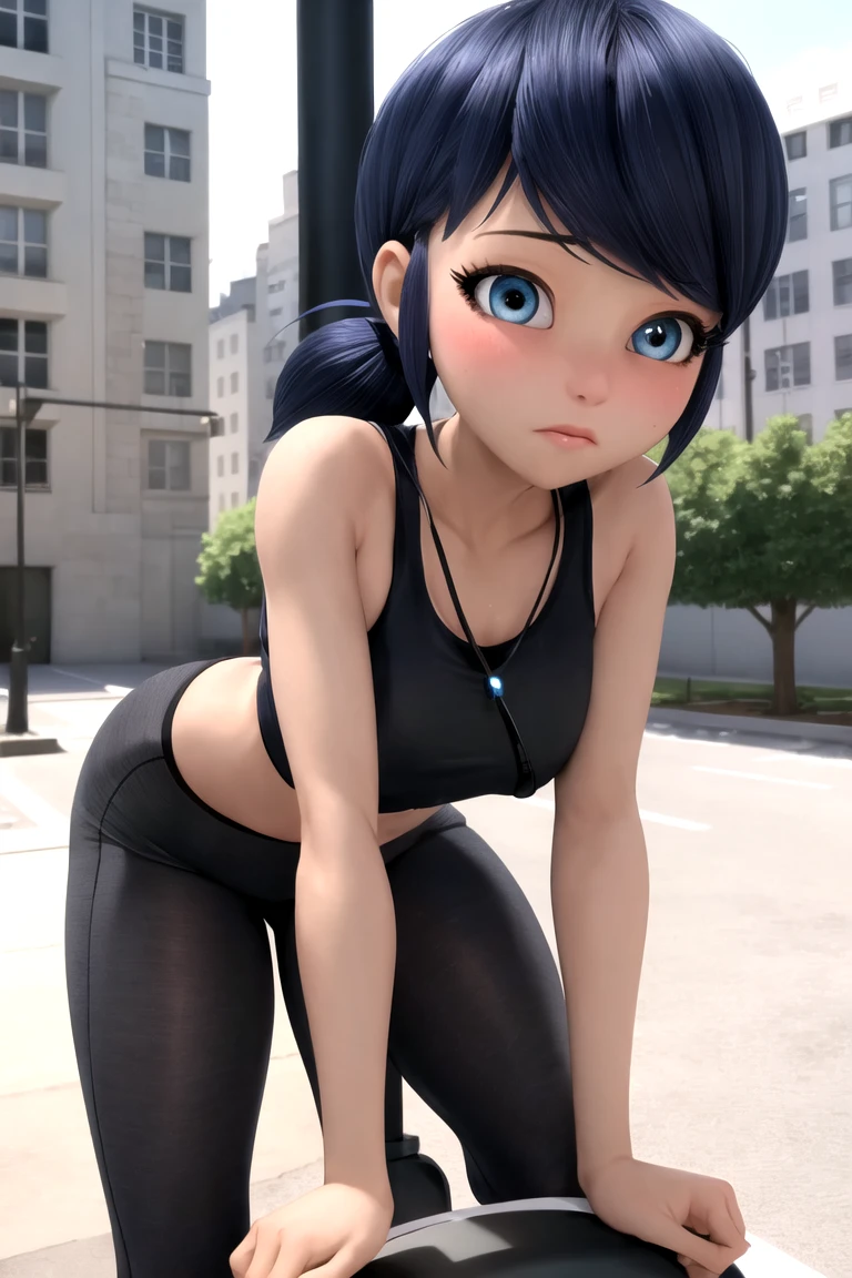 Blue eyes, marinett, Black sports bra, black panties, black sports shorts, arms behind head, blush, show panties, crouched, legs open, M-shaped legs, 