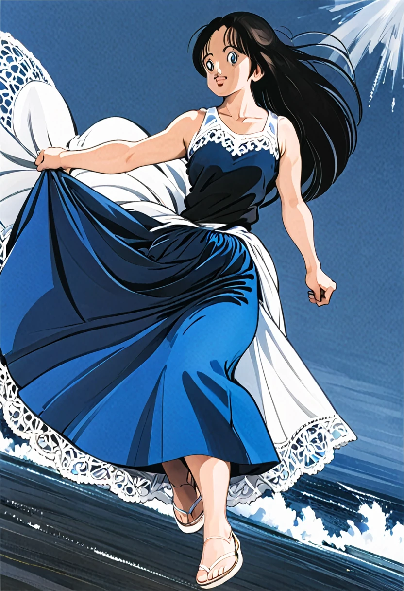 音無響子制服のLong skirt、The color is dark blue、
Low - Angle、制服のLong skirt、The color is dark blue、
Low - Angle、Long skirt、Hold down your skirt that is being blown up by the strong wind、Anime white panties in a strong wind、Crotch is visible
ローレグのパンツ、Color: White、
Crotch is visible、
、Lined、White lace lining、
