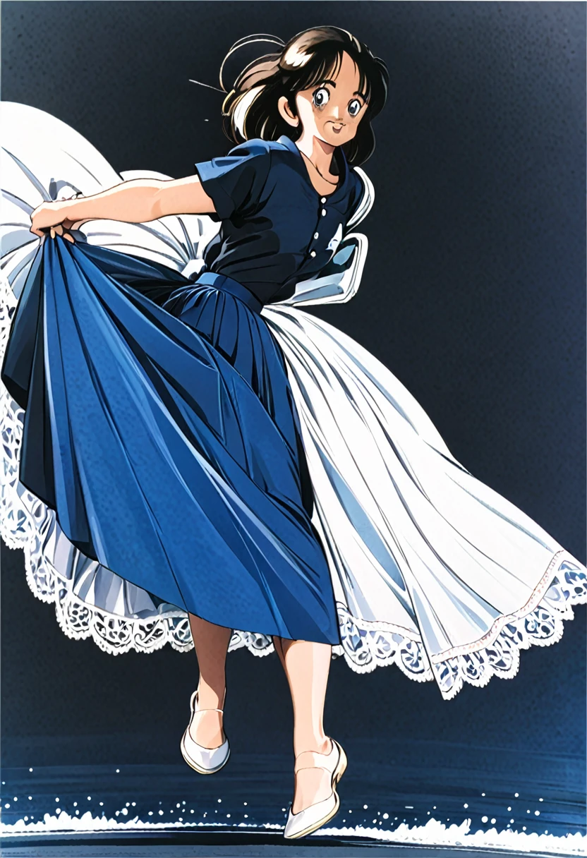 音無響子制服のLong skirt、The color is dark blue、
Low - Angle、制服のLong skirt、The color is dark blue、
Low - Angle、Long skirt、Hold down your skirt that is being blown up by the strong wind、Anime white panties in a strong wind、Crotch is visible
ローレグのパンツ、Color: White、
Crotch is visible、
、Lined、White lace lining、