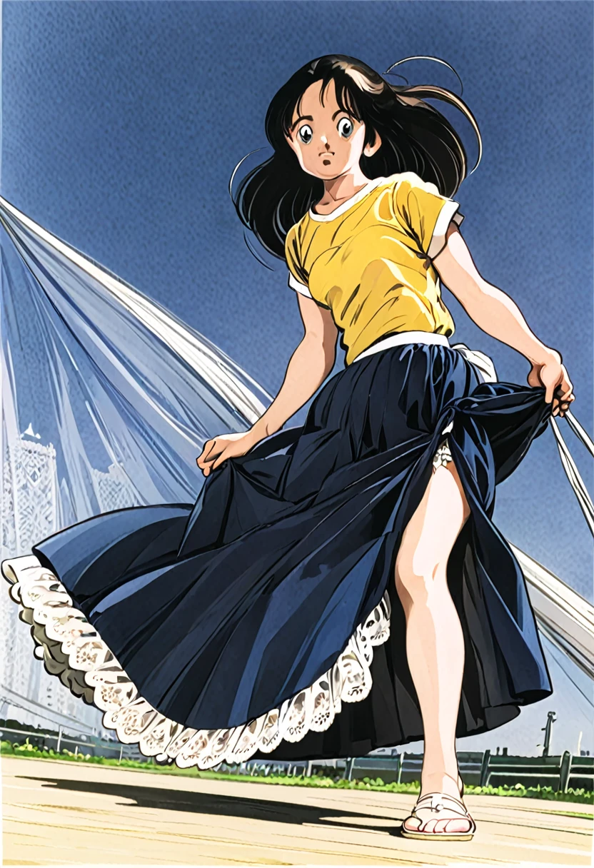 音無響子制服のLong skirt、The color is dark blue、
Low - Angle、制服のLong skirt、The color is dark blue、
Low - Angle、Long skirt、Hold down your skirt that is being blown up by the strong wind、Anime white panties in a strong wind、Crotch is visible
ローレグのパンツ、Color: White、
Crotch is visible、
、Lined、White lace lining、