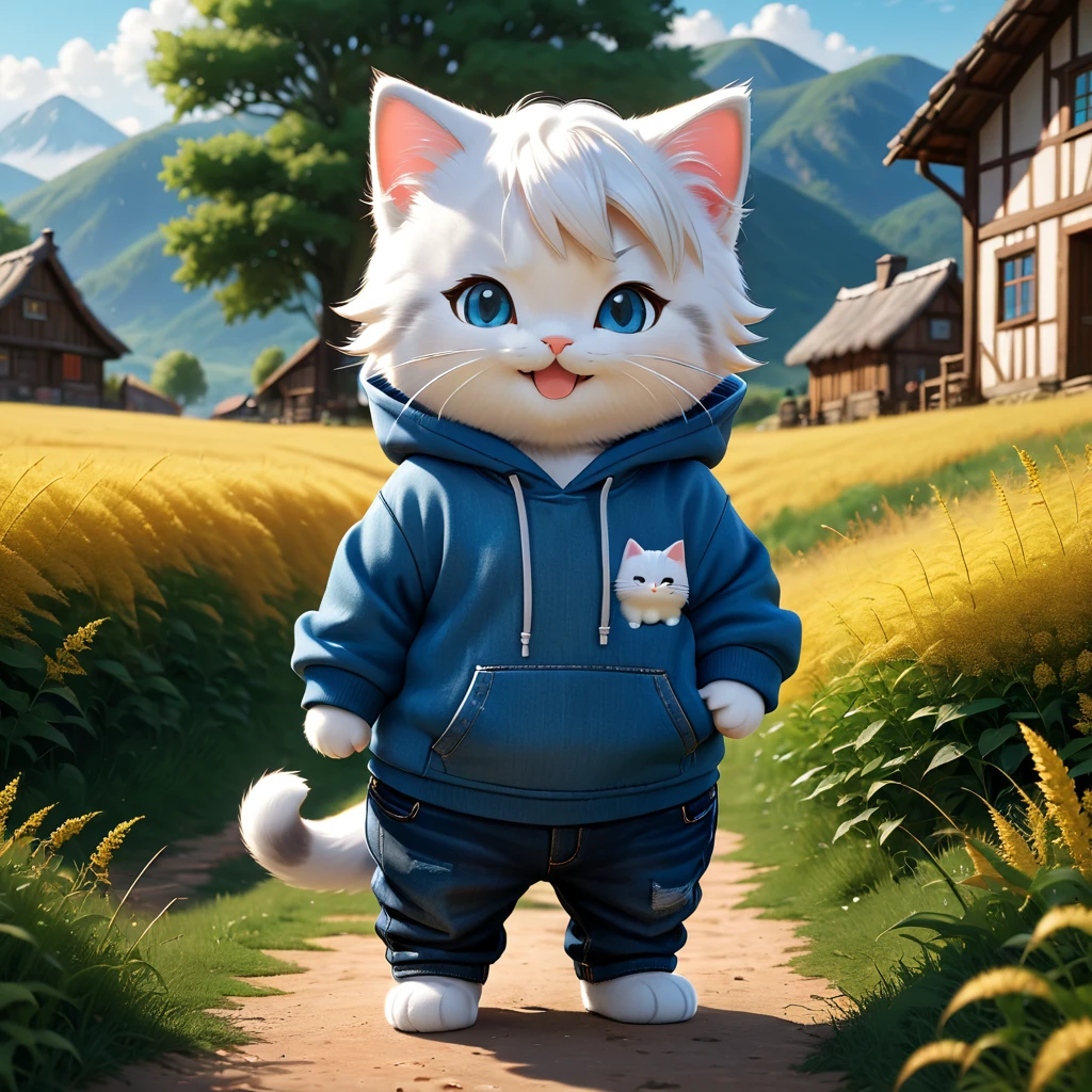 best quality, detailed, hyper detailed, beautiful, 8K, absurdres, village, a kitty, happy, smiling, standing, looking to the right, white hair, blue eyes, chibi, plump, hoodie, jeans, 5-year-old, in the grassland, in the afternoon, fantasy, photorealistic, ultra realistic photo, 3D render, anthropomorphism, full body shot, on right, wide view, rule of thirds, midday, shining lights, dramatic lighting, volumetric lighting, depth of field, dramatic contrast, DarkGoldenrod