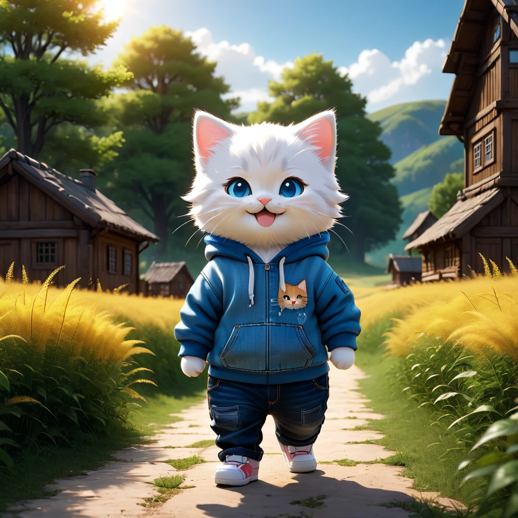 best quality, detailed, hyper detailed, beautiful, 8K, absurdres, village, a kitty, happy, smiling, standing, looking to the right, white hair, blue eyes, chibi, plump, hoodie, jeans, 5--old, the grassland, in the afternoon, fantasy, photorealistic, ultra realistic photo, 3D render, anthropomorphism, full body shot, on right, wide view, rule of thirds, midday, shining lights, dramatic lighting, volumetric lighting, depth of field, dramatic contrast, DarkGoldenrod