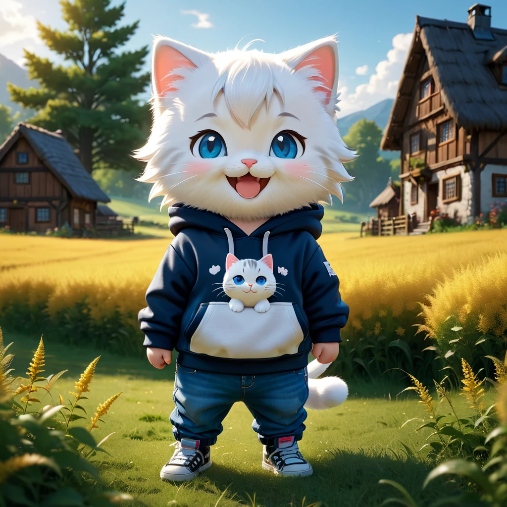 best quality, detailed, hyper detailed, beautiful, 8K, absurdres, village, a kitty, happy, smiling, standing, looking to the right, white hair, blue eyes, chibi, plump, hoodie, jeans, 5-year-old, in the grassland, in the afternoon, fantasy, photorealistic, ultra realistic photo, 3D render, anthropomorphism, full body shot, on right, wide view, rule of thirds, midday, shining lights, dramatic lighting, volumetric lighting, depth of field, dramatic contrast, DarkGoldenrod