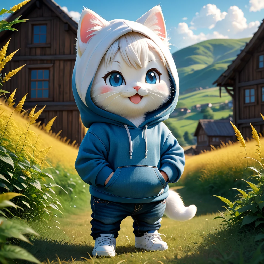 best quality, detailed, hyper detailed, beautiful, 8K, absurdres, village, a kitty, happy, smiling, standing, looking to the right, white hair, blue eyes, chibi, plump, hoodie, jeans, 5-year-old, in the grassland, in the afternoon, fantasy, photorealistic, ultra realistic photo, 3D render, anthropomorphism, full body shot, on right, wide view, rule of thirds, midday, shining lights, dramatic lighting, volumetric lighting, depth of field, dramatic contrast, DarkGoldenrod
