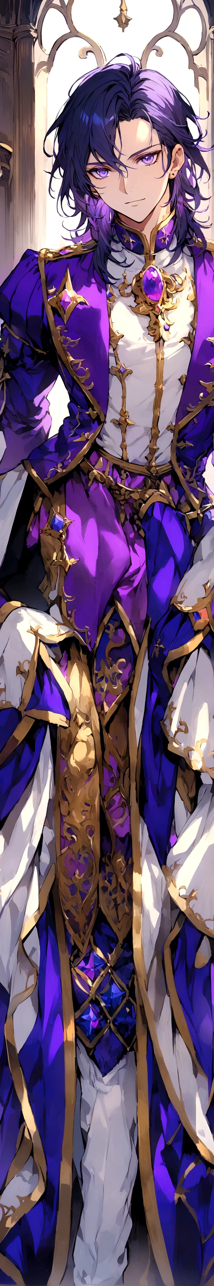 a charming prince with dark blue medium hair,vivid purple eyes,toned body,prince clothes, detailed