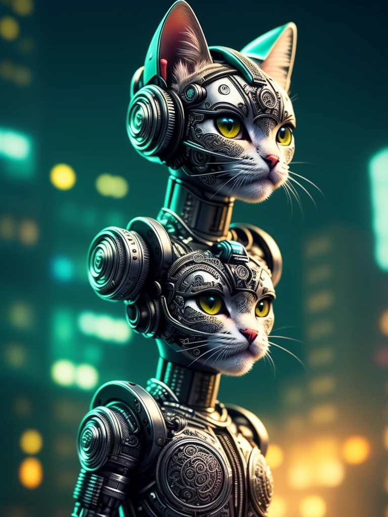 a cute kitten made out of metal, cyborg, cyberpunk style, ((intricate details)), hdr, ((intricate details, hyperdetailed)), cinematic shot, vignette