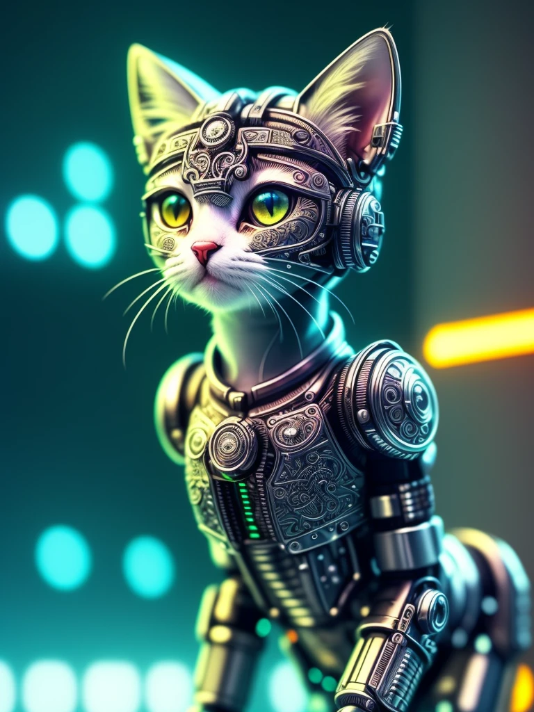 a cute kitten made out of metal, cyborg, cyberpunk style, ((intricate details)), hdr, ((intricate details, hyperdetailed)), cinematic shot, vignette