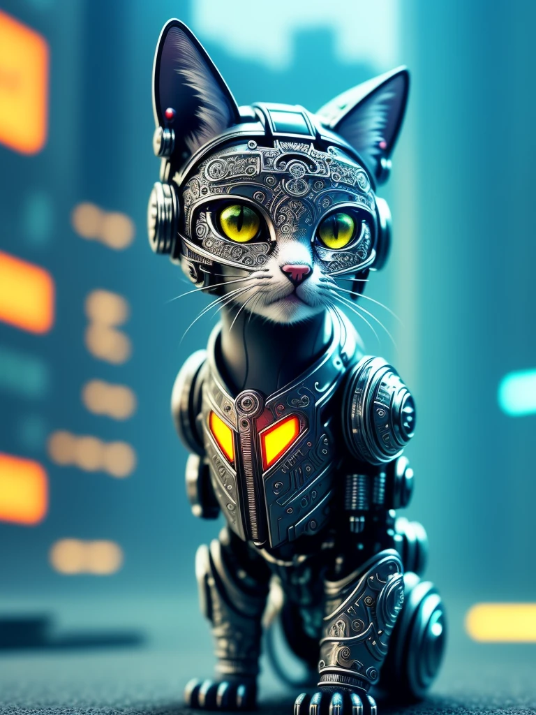 a cute kitten made out of metal, cyborg, cyberpunk style, ((intricate details)), hdr, ((intricate details, hyperdetailed)), cinematic shot, vignette
