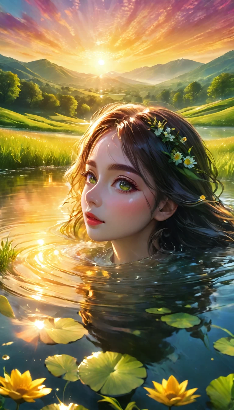 sunrise landscape, beautiful detailed eyes, beautiful detailed lips, extremely detailed eyes and face, long eyelashes, 1girl, serene expression, colorful sunrise sky, dramatic lighting, glowing clouds, golden sunlight, lush green meadow, rolling hills, tranquil pond, reflections in water, (best quality,4k,8k,highres,masterpiece:1.2),ultra-detailed,(realistic,photorealistic,photo-realistic:1.37),landscape,vibrant colors,natural lighting
