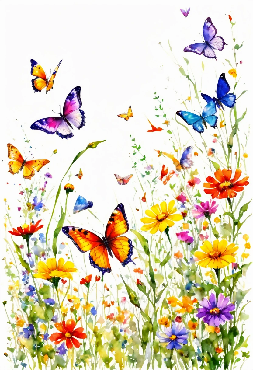 watercolor paint of butterflies extremely vivid variety of colors ,flying over a field of wild flowers ,vivid joy image white background