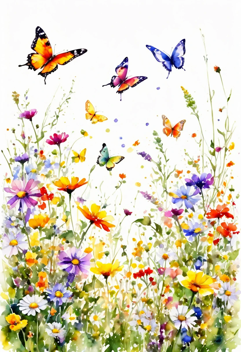 watercolor paint of butterflies extremely vivid variety of colors ,flying over a field of wild flowers ,vivid joy image white background