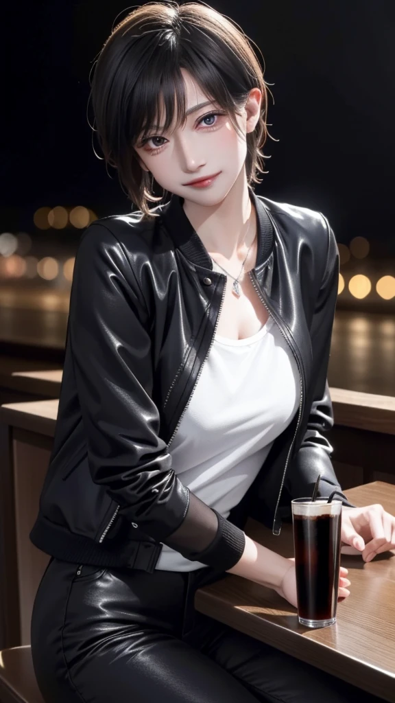 portrait photo of elexissinclaire wearing esjacket at a nightclub sitting at bar, wicked smile, (masterpiece) (best quality) (detailed) (8k) (HDR) (wallpaper) (cinematic lighting) (sharp focus) (intricate)