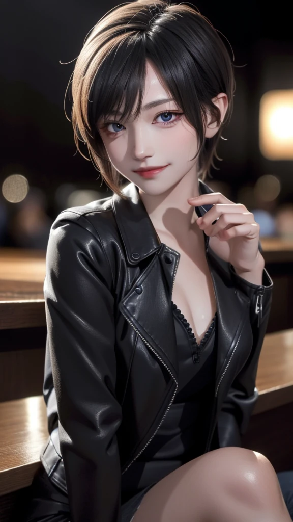 portrait photo of elexissinclaire wearing esjacket at a nightclub sitting at bar, wicked smile, (masterpiece) (best quality) (detailed) (8k) (HDR) (wallpaper) (cinematic lighting) (sharp focus) (intricate)