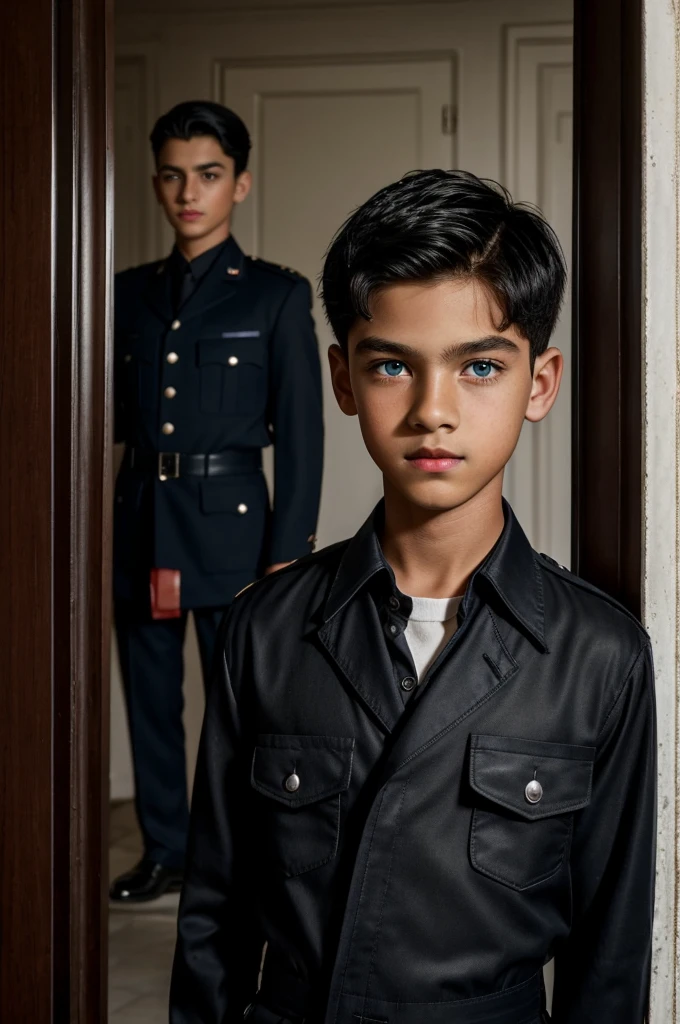 An image of a male with expressionless deep sea blue eyes and short jet black hair , long black eyelashes , snub nose kissable red lips white skin and tall handsome man in the background of an old mansion but handsome dressed in a black shirt with military pants and a military jacket.