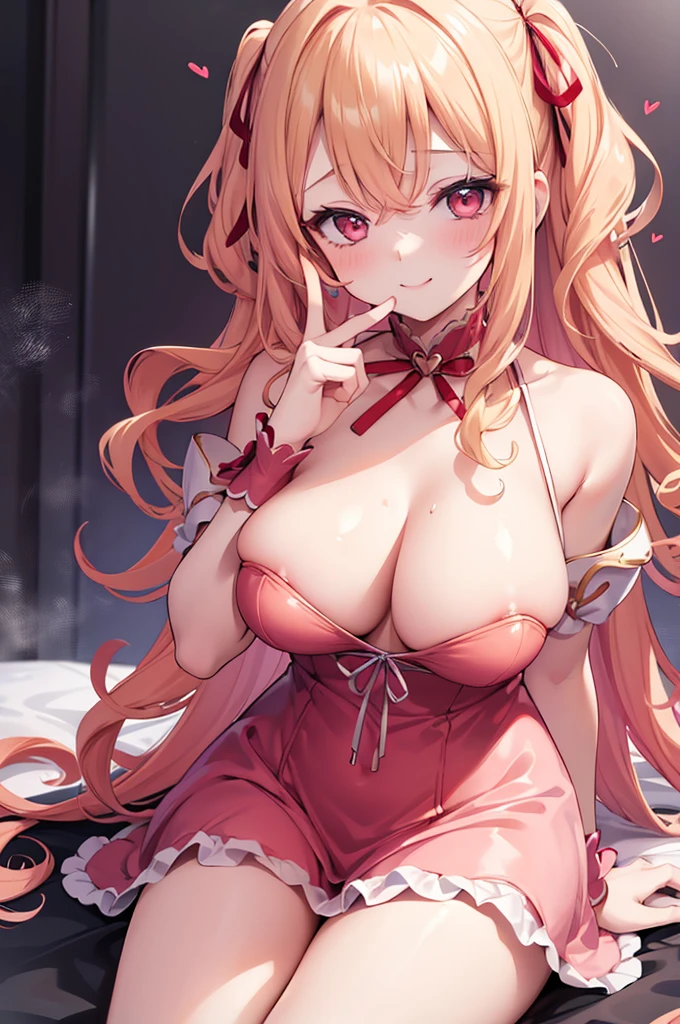 Sexy pretty girl, blonde hair, pastel red eyes,curly hair,dog ear, heart,ribbon,sexy gold dress, fellatio gesture,steam,girl trembling with sexual climaxmore,smile、