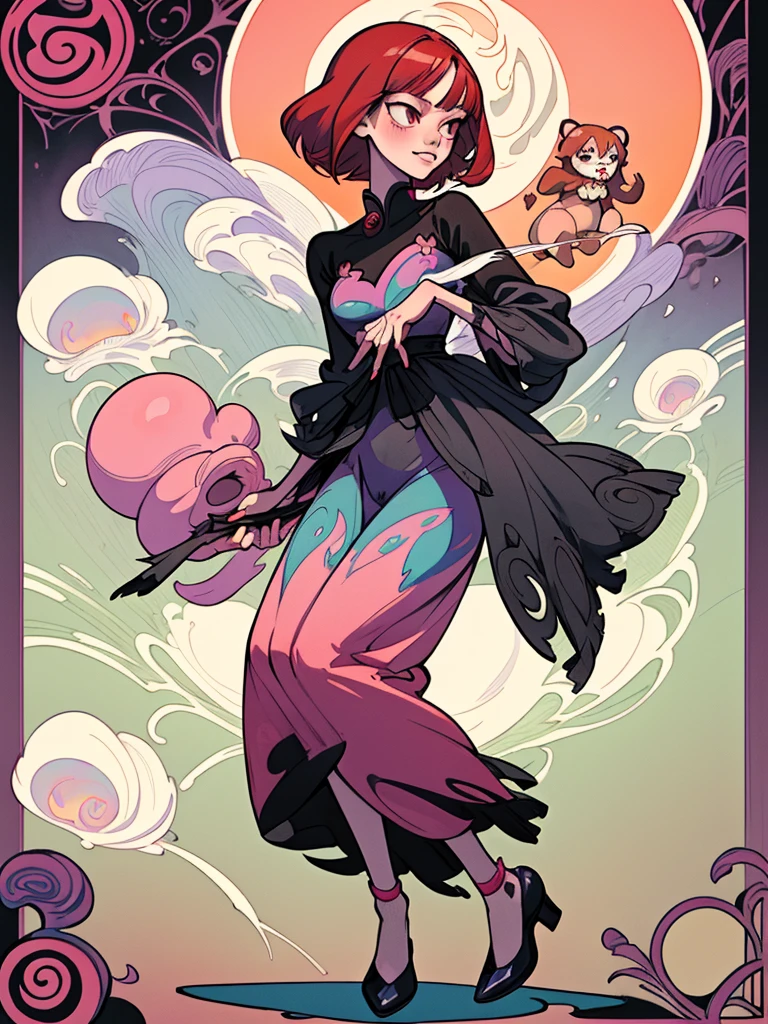 full body candid fashion pose beautiful smiling redhead woman in a 1970's violet dress burlesque poster (Rila Fukushima 0.5)(Misaki Ito 0.2) (Mizuho Habu 0.3) short red-haired woman looking at camera with a psychedelic 1960’s magical organic Jugendstil Dan Grealish, Emilio Pucci hand painted art nouveau pastel pattern print painted by Kaethe Butcher and Seiichi Hayashi, with some floral decoration behind her