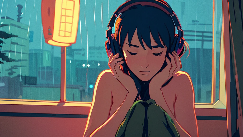 night、Girl listening to music in a cozy room, Use headphones, 2D Style Anime,  Rain outside the window、Analog Color Theme、Ghibli style、neon, naked, completly naked, close up, detailed background, chill