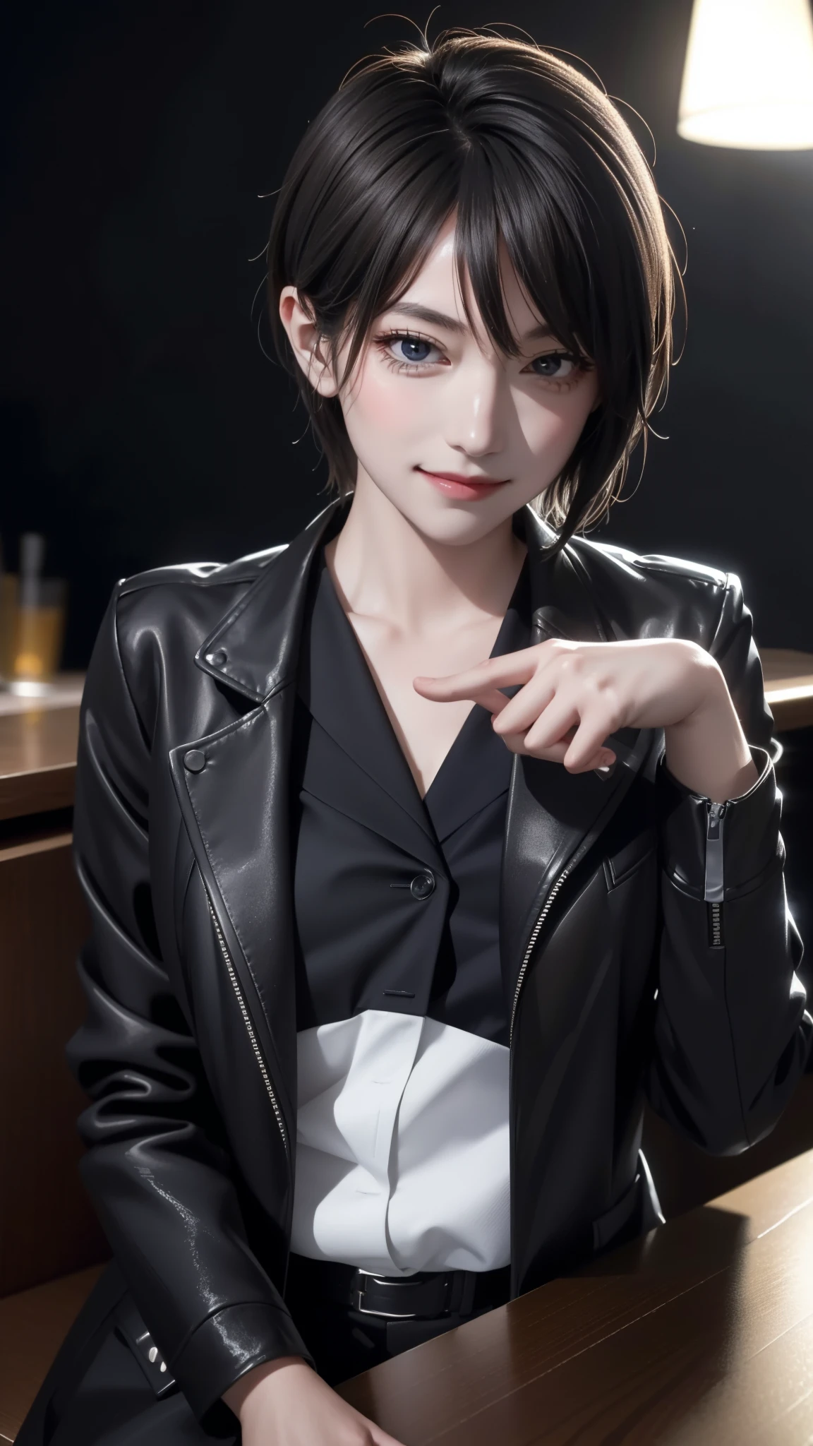 portrait photo of elexissinclaire wearing esjacket at a nightclub sitting at bar, wicked smile, (masterpiece) (best quality) (detailed) (8k) (HDR) (wallpaper) (cinematic lighting) (sharp focus) (intricate)