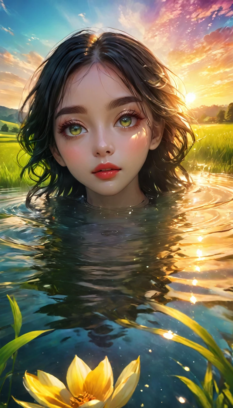 sunrise landscape, beautiful detailed eyes, beautiful detailed lips, extremely detailed eyes and face, long eyelashes, 1girl, serene expression, colorful sunrise sky, dramatic lighting, glowing clouds, golden sunlight, lush green meadow, rolling hills, tranquil pond, reflections in water, (best quality,4k,8k,highres,masterpiece:1.2),ultra-detailed,(realistic,photorealistic,photo-realistic:1.37),landscape,vibrant colors,natural lighting