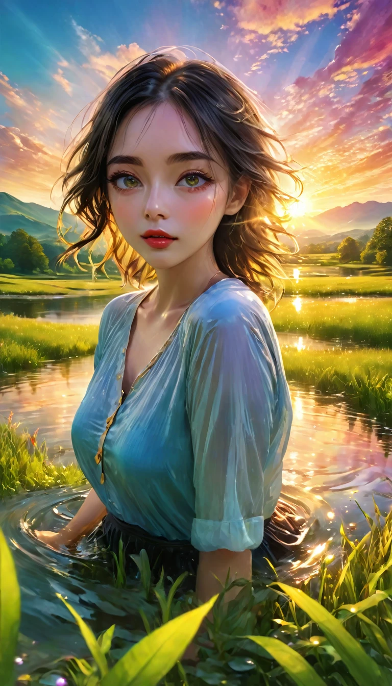 sunrise landscape, beautiful detailed eyes, beautiful detailed lips, extremely detailed eyes and face, long eyelashes, 1girl, serene expression, colorful sunrise sky, dramatic lighting, glowing clouds, golden sunlight, lush green meadow, rolling hills, tranquil pond, reflections in water, (best quality,4k,8k,highres,masterpiece:1.2),ultra-detailed,(realistic,photorealistic,photo-realistic:1.37),landscape,vibrant colors,natural lighting