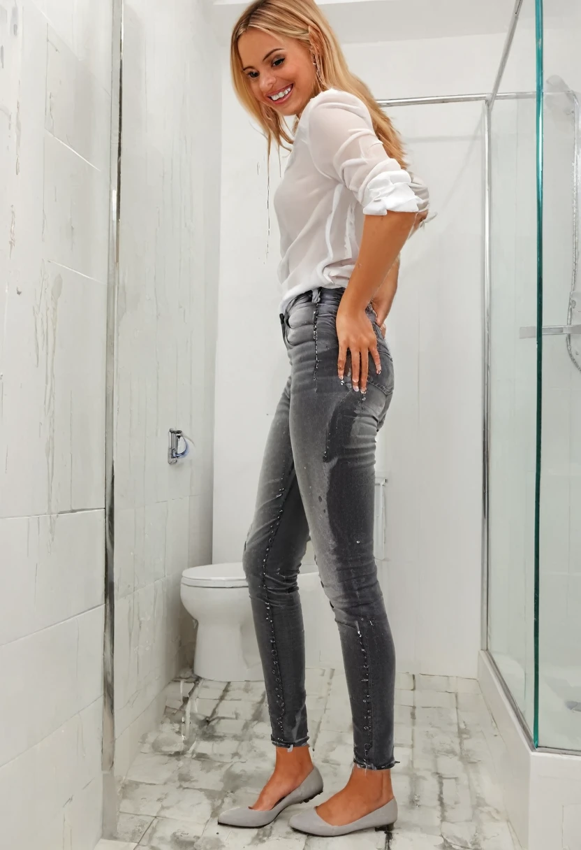 (((side view))), attractive blonde woman wearing skinny jeans, ballet flats, white blouse, standing in a bathroom,  wetting, big smile, pee stains are gleaming wet,  (((side view)))