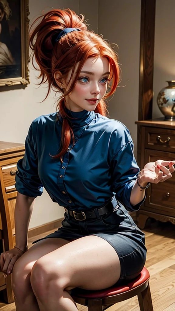Beautiful redhead with blue eyes, ponytail, beautiful, red blouse, at home, big ponytail, beautiful, sexy, smiling, from the front, sitting on the chair black clothes