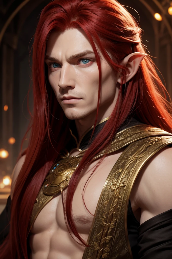 Elf man with long red hair and golden eyes with a scar over his left eye 