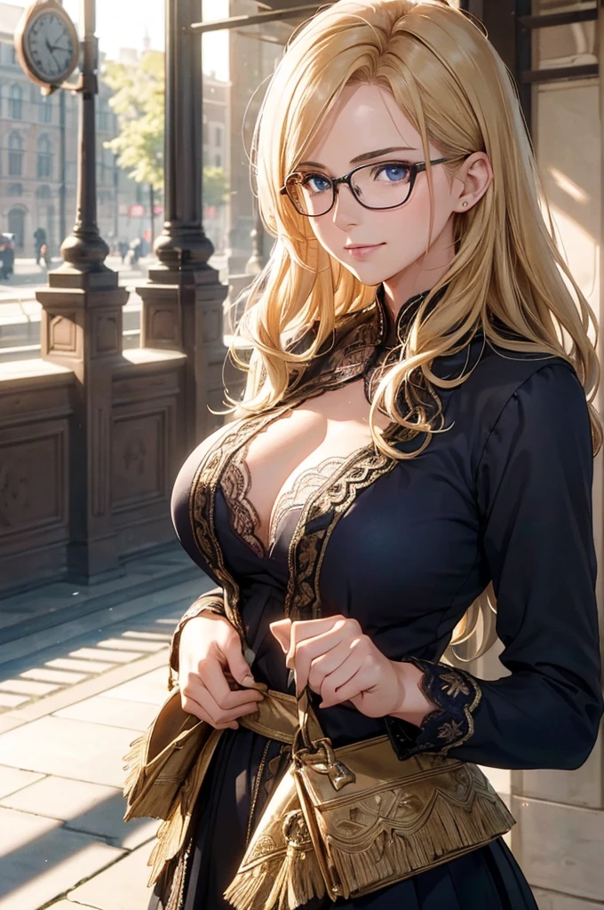 Masterpiece, 最high quality, high quality, High resolution, high quality texture, high quality shadows, High resolution, Beautiful details, Detailed CG, Detailed Texture, Realistic representation of face, Realistic, colorful, delicate, Cinematic Light, Side light, Lens flare, Ray Tracing, sharp concentrated, (1 Girl,concentrated:1.3), ( Intricate details, compensate, PureErosFaceV1:0.5), (細部まで美しいdelicateな顔, 緻密で美しいdelicateな瞳, Perfect Facial Proportions, Dense skin, Optimal ratio of four fingers to one thumb,Unified 8k wallpaper, Arms under chest, Modest chest, Wide Hips, Smooth upper abdomen, 35 years old, blue eyes, glasses, air fortress hair, blonde hair, house wife, the gaze of true love, lips of temptation, A look full of compassion ,a smile full of love, i love you, Acting lovey-dovey, I love you so much I'm crazy,
St. Pancras Station, England, a big trunk, an adventurous journey, the morning of my departure with my beloved, waiting for the train to arrive on the platform of a beautiful old station.