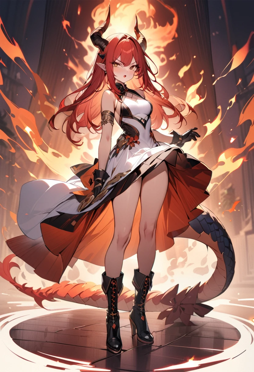 (masterpiece:1.2), (highest quality:1.2), 1girl, fire, solo, tail, horns, dragon-tail, dragon-girl, orange-hair, gloves, dress, dragon-horns, white-dress, looking-at-viewer, black-gloves, standing, bare-shoulders, full-body, red-hair, bangs, open-mouth, armlet, breasts, brown-eyes, scales, small-breasts, black-footwear, fiery-hair, hair-between-eyes, sleeveless, skirt, sleeveless-dress, jewelry, v-shaped-eyebrows, boots, orange-skirt