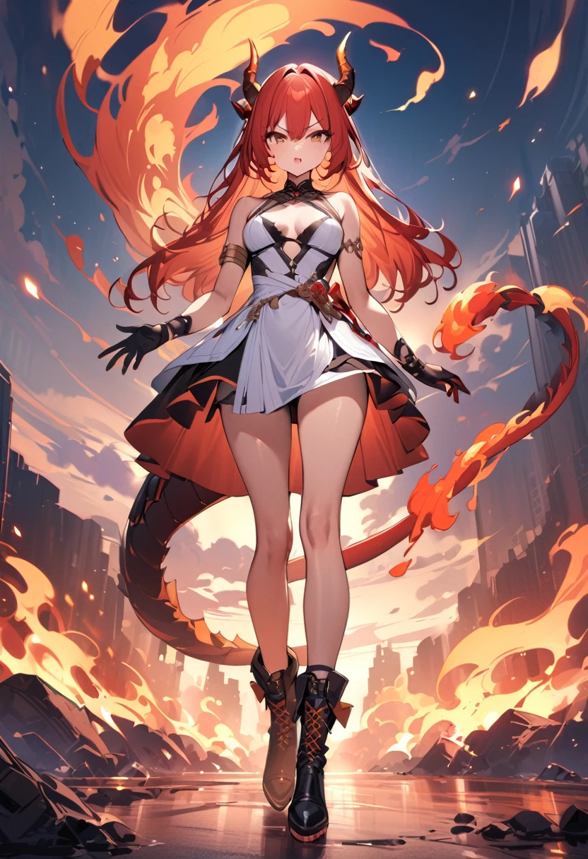 (masterpiece:1.2), (highest quality:1.2), 1girl, fire, solo, tail, horns, dragon-tail, dragon-girl, orange-hair, gloves, dress, dragon-horns, white-dress, looking-at-viewer, black-gloves, standing, bare-shoulders, full-body, red-hair, bangs, open-mouth, armlet, breasts, brown-eyes, scales, small-breasts, black-footwear, fiery-hair, hair-between-eyes, sleeveless, skirt, sleeveless-dress, jewelry, v-shaped-eyebrows, boots, orange-skirt